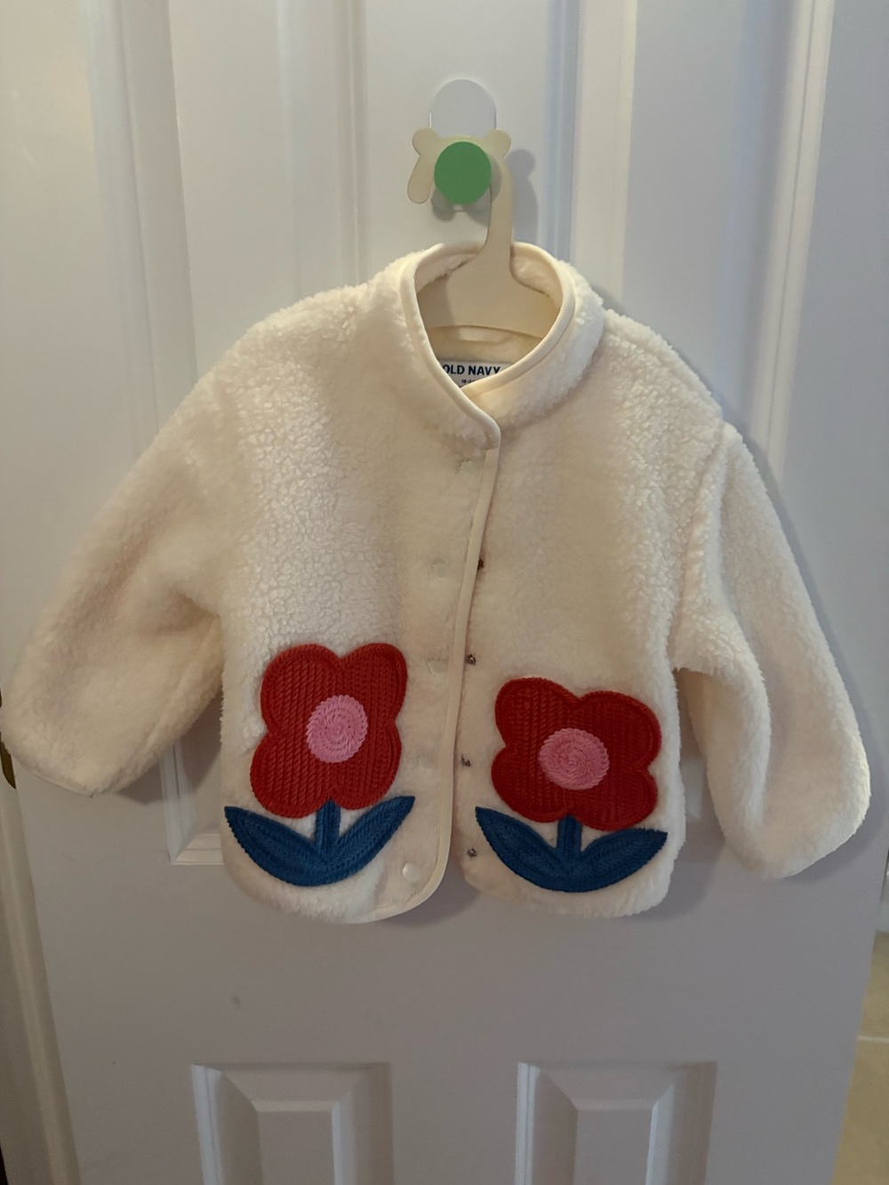Old Navy Cream Faux-Sherpa Kids Jacket with Red and Pink Flower Patches